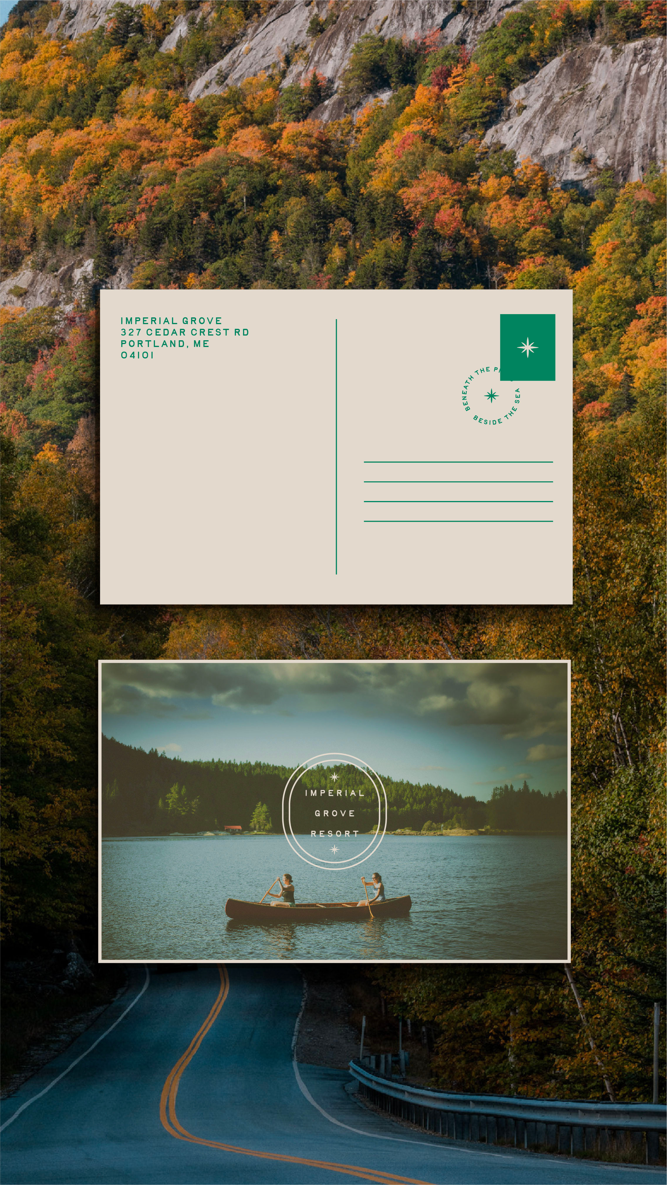 Imperial Grove Postcard Design adventure brand assets branding brandkit hotel logo maine postcard resort retro vintage vintage design
