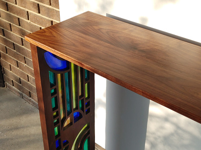Wright Console Table art deco bespoke console table frank lloyd wright furniture design glass art industrial design laser cut modernism pattern design stained glass table vector walnut woodworking