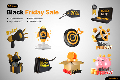 Black Friday Sale 3D Icon Collection 3d banner black branding cute flyer icon icons illustration marketing orange promo promotion social media website