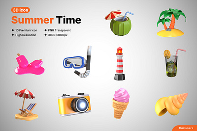 Summer Time 3d icon collection 3d banner branding colorful cute flyer graphic design icon icons illustration marketing promo ui