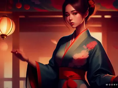 Beautiful young caucasian Woman in detailed kimono animation graphic design