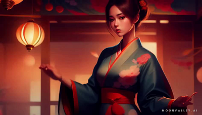 Beautiful young caucasian Woman in detailed kimono animation graphic design