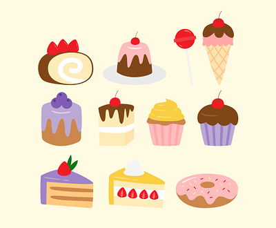 Dessert food illustration set cake cakes candy collection cupcake cute dessert element flat flat design food fruit graphic design ice cream icon illustration muffin object sweet vector