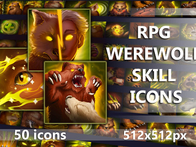 RPG Werewolf Skill Icons 2d art asset assets fantasy game game assets gamedev icon icons illustration indie indie game magic mmorpg pack rpg skill skills werewolf