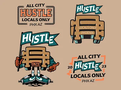 All City Hustle-Locals Only AZ apparel arizona badge branding cartoon graphic design illustration lockup logo mascot nike street art typography