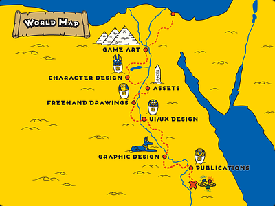 Table of contents shown as a World Map anubis cartoon character cartoon game cartoon illustration cartoon style cartoonish egypt egyptian game art game map illustration map map illustration nile portfolio pyramid table of contents world map