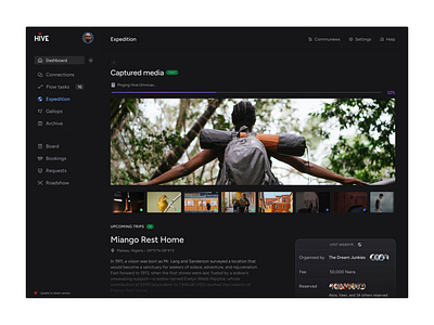 Hive community dashboard design expedition gopro product design travel ui uiux ux vacation web app