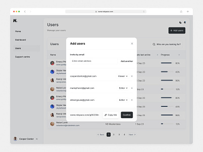 Add users modal add users app dailyui dashboard flat minimal modal platform product design settings ui user management users ux web web app web design