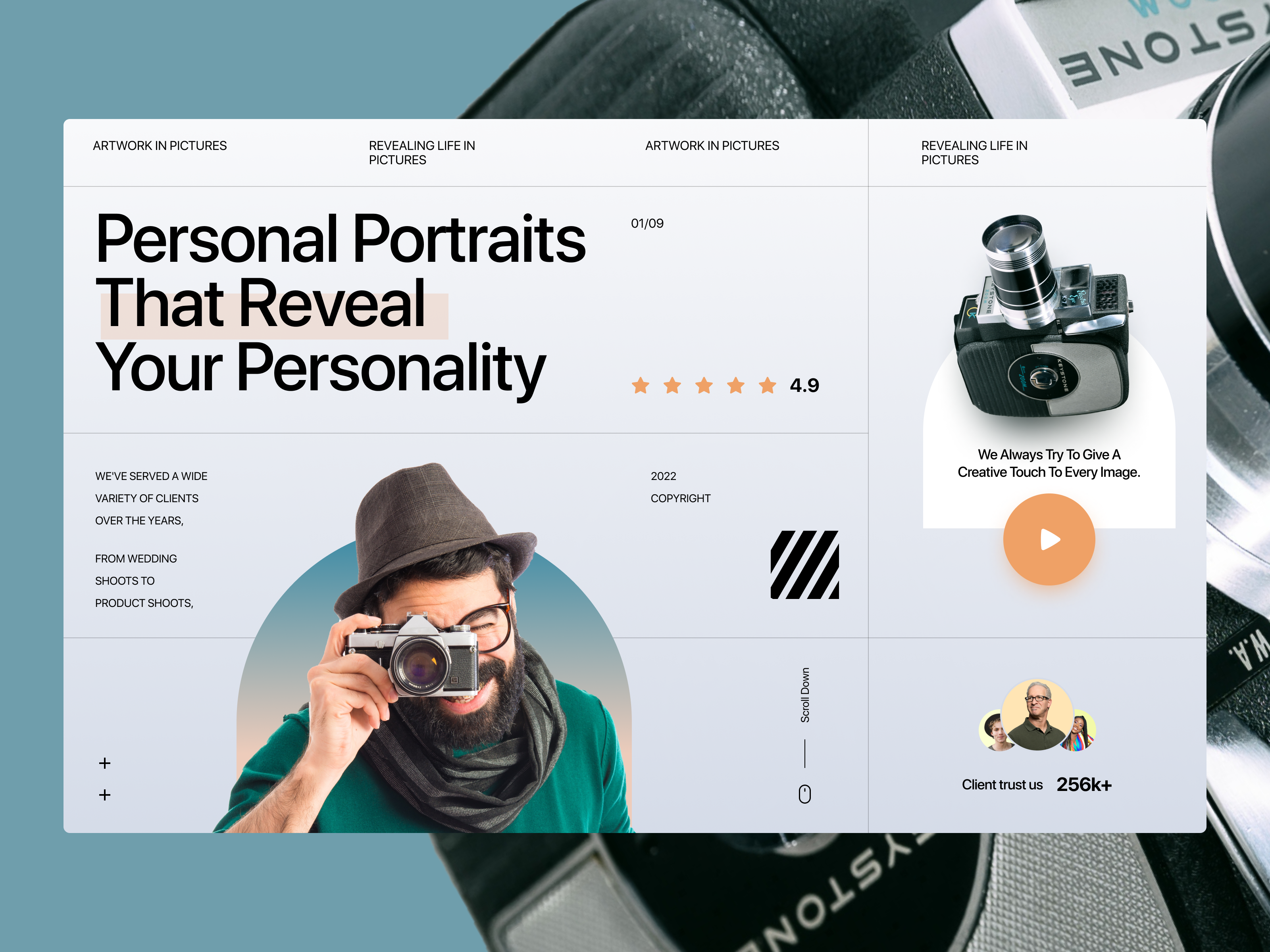 Photographer Website - Reev agency camera cannon design design website hero section nikon nozaracy personal web photo photographer photography plaftorm portfolio ui upcoming user interface ux web design website