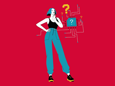 Woman looking at the question mark and thinking 2d 2d animation after effects animation branding character character design graphic design illustration motion graphics