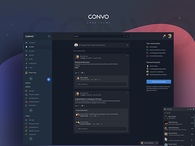 Convo dark theme app big chat chat collaboration convo create group dark theme dashboard integration left pannel news feed ui user profiles ux
