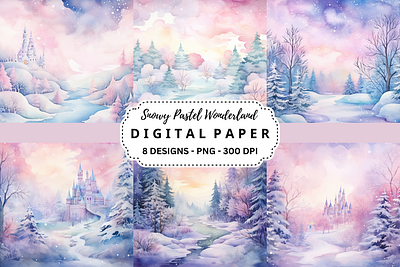 Snowy Pastel Wonderland Digital Paper commercial use art