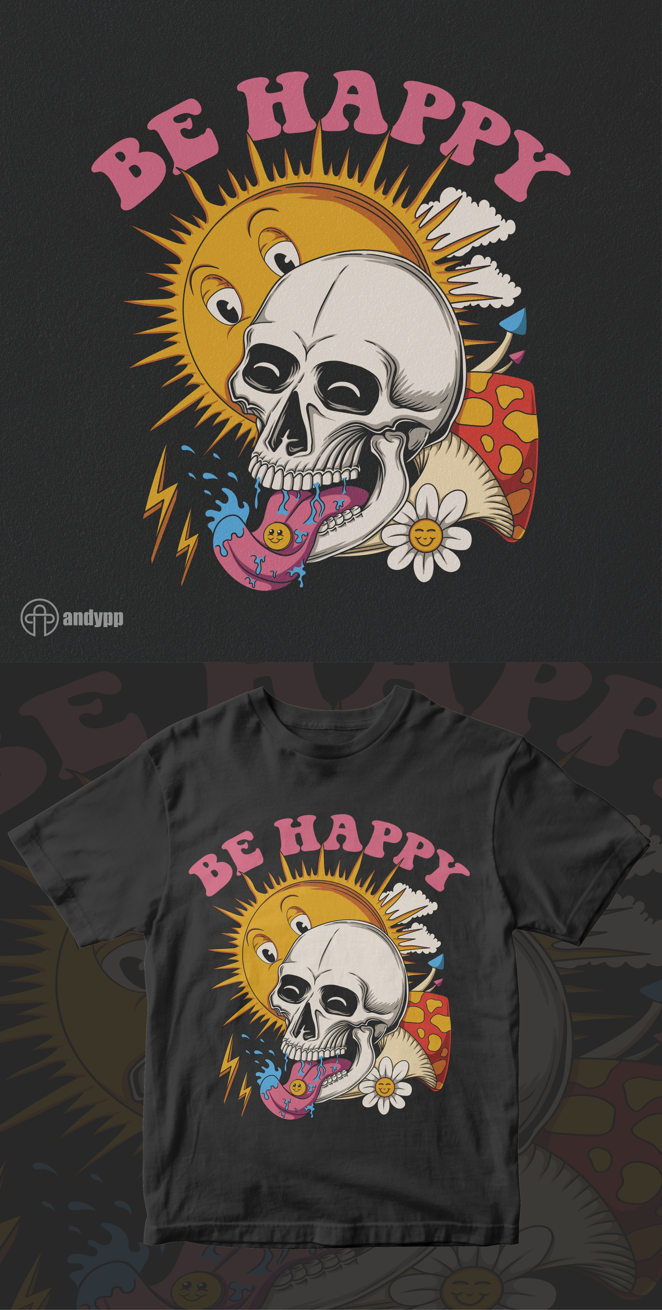 Skull be happy ( for sale ) art artwork branding cloth clothing cool drug drugs happy illustration logo mushroom psychedelic retro shirt skull t shirt trippy tshirt