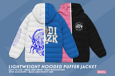 LIGHTWEIGHT HOODED PUFFER JACKET mockup psd back and front apparel back back and front customizable front hooded jacket layered light lightweight mock up mockup mockups photoshop pod print on demand psd puffer realistic weight