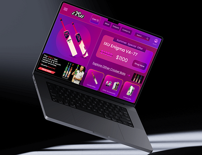 IXU - Cricket Bat Brand Landing Page/Website 3d branding cricket dark design graphic design illustration india landing page maroon neon pink product purple red sports ui ux violet website