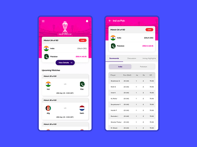 Cricket World Cup 2023 - Concept App app cricket design latest product trend ui ux worldcup
