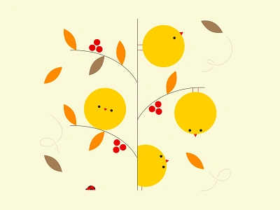 Four Fall Chicks autumn chickens chicks fall illustration ladybug leaf simple