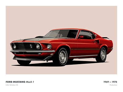 Ford Mustang Mach 1 ’69 – ’78 automotive cars clean design flat iconic illustration mustang poster realistic slick vector