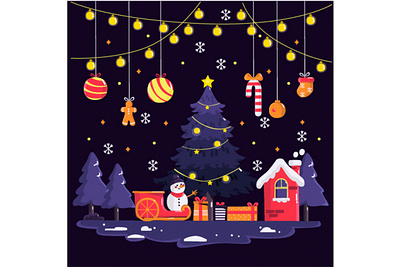 Flat City Background with Christmas Light Illustration background christmas city clip art decoration house illustration light snow tree vector winter