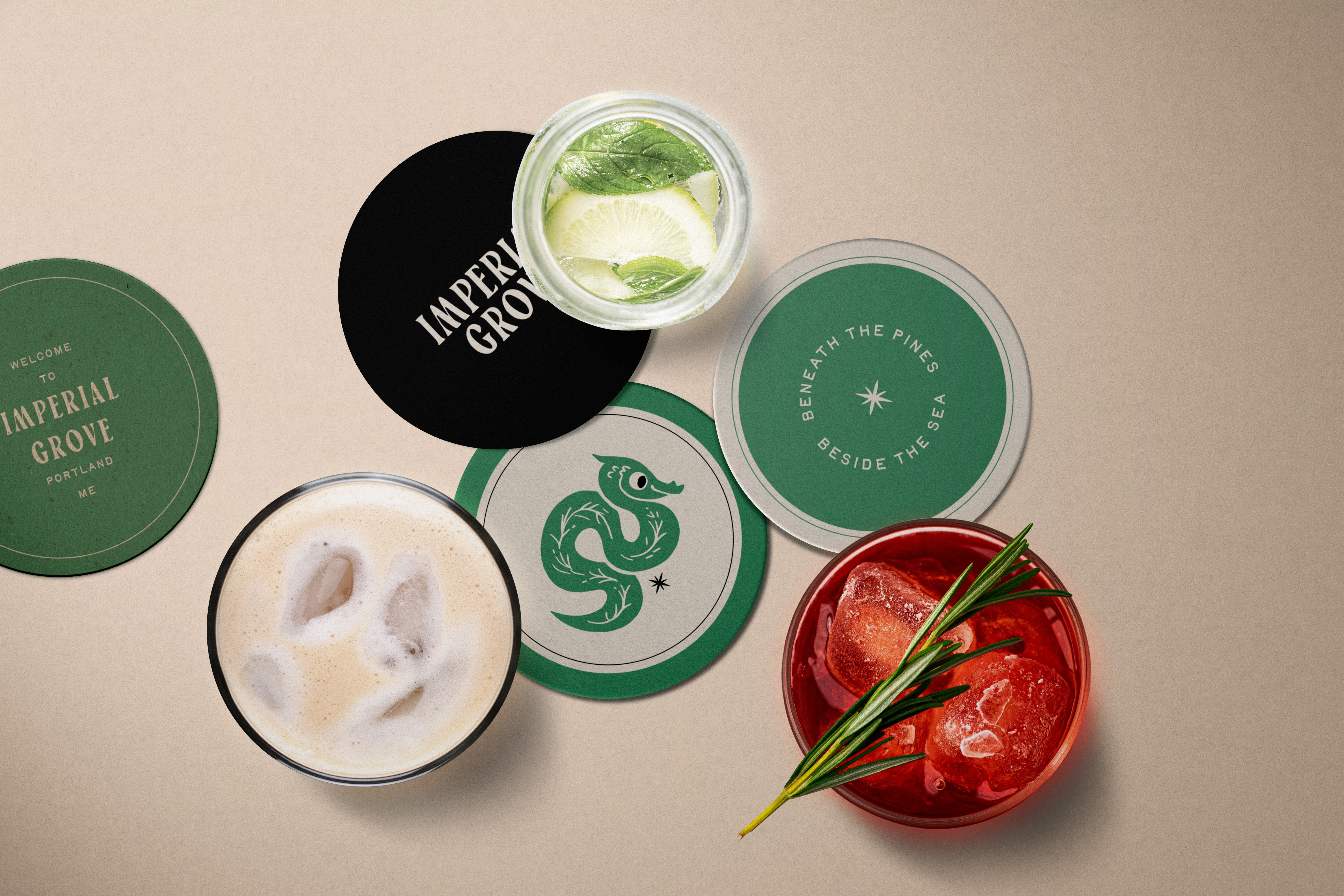 Imperial Grove Coaster Designs brand mascot branding brandkit coaster cocktail graphic design hotel illustration logo lounge mascot resort retro vintage