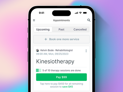 Therapist on Demand app appointments control feed health healthtech interface ios iphone light list mobile on demand payment progress service ui ux