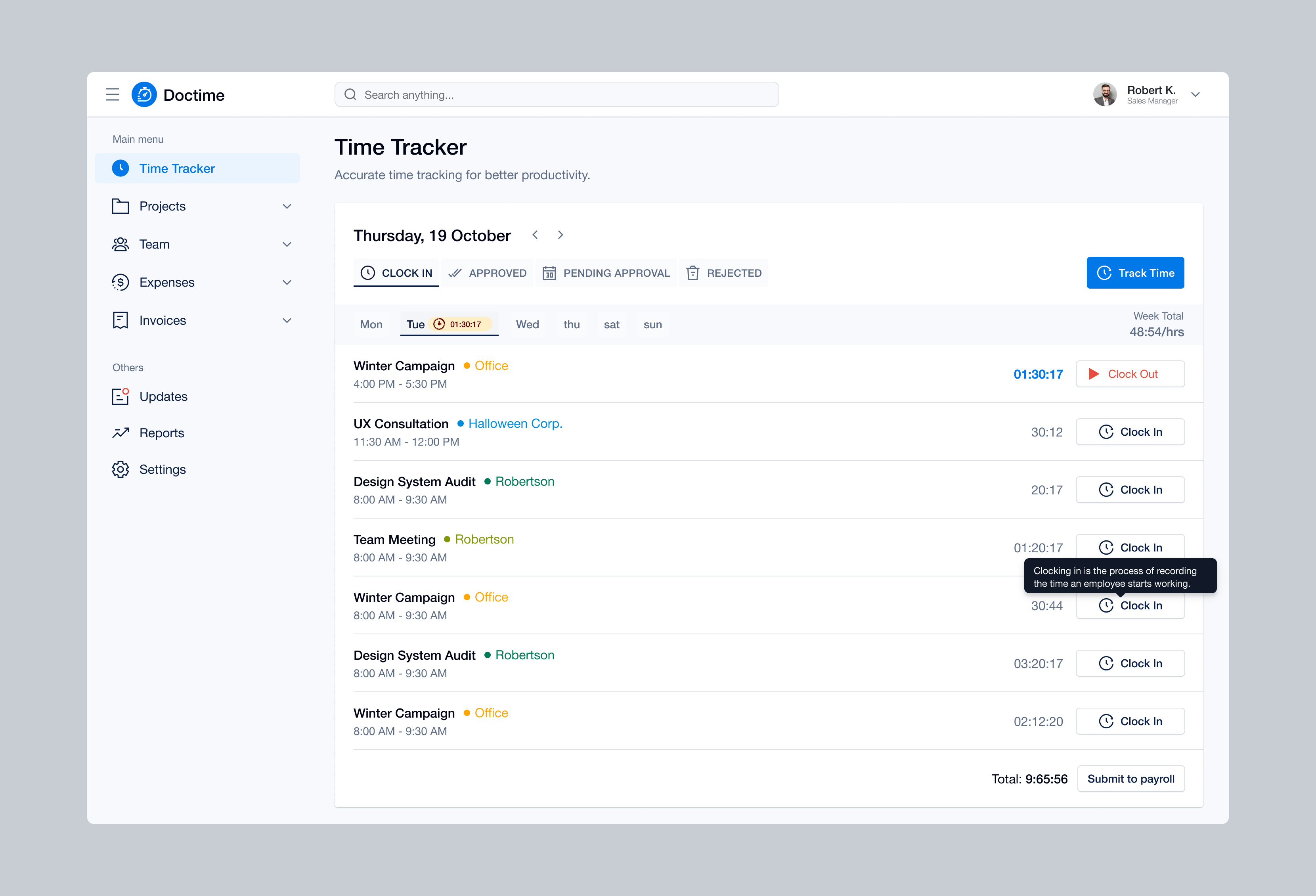 Time tracker clean crm dashboard minimal product design productivity projectmanagement saas webapp timemanagementtools timetracking ui ui ux ux webdesign