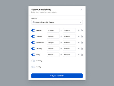 Settings Set availability ai b2b component crm dashboard design minimal modal popover popup product design saas webapp task management time zone selector ui ux