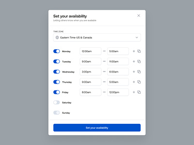 Settings Set availability ai b2b component crm dashboard design minimal modal popover popup product design saas webapp task management time zone selector ui ux
