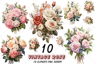 Vintage Rose Bouquets Sublimation floral clipart graphic design pink roses clipart roses svg watercolor roses white rose png