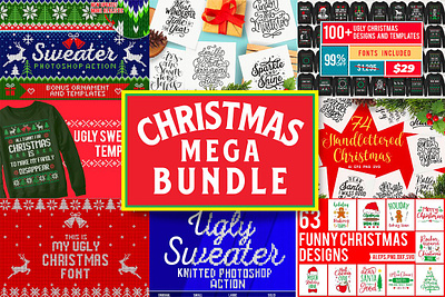 Christmas Mega Bundle bundle christmas christmas card christmas font christmas tree hand lettering handlettered holiday holiday graphics instagram post instagram template knitted knitted background knitted sweater knitting merry christmas ornament vector quote tis the season ugly sweater