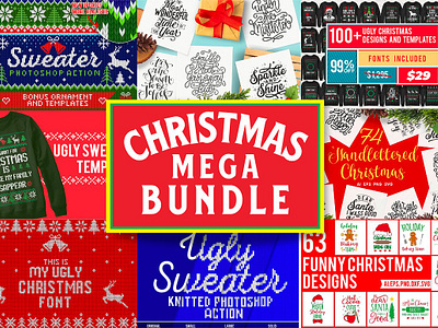 Christmas Mega Bundle bundle christmas christmas card christmas font christmas tree hand lettering handlettered holiday holiday graphics instagram post instagram template knitted knitted background knitted sweater knitting merry christmas ornament vector quote tis the season ugly sweater