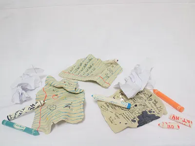 Crayons and paper planes ceramics glaze paper pencils stoneware underglaze