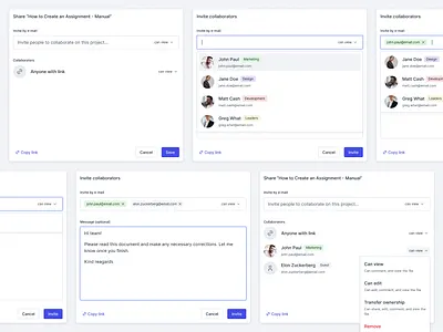 Invite Collaborators Modal access to file app application collaborators desktop file invite manage access modal personalized message pop up saas send invitation share ui ui design web app