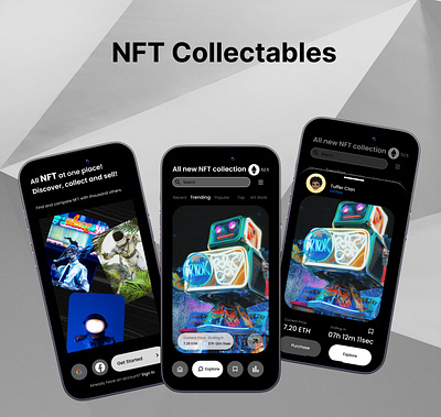 Dark UI screens for NFT Collectables dark ui figma nft uiux