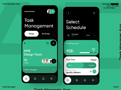 Task Manager App app app design app ui dark ui dribbble app design green management app manager task app task management app task manager app trendy ui ux