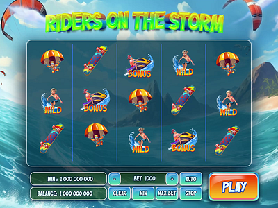 ‘Riders on the Storm’ — Extreme WIN and Bonus Animation bet panel bonus bonus animation bonus win extreme sports graphic design motion graphics online games paraglider skateboard slot design surfer ui ui elements wild win animation