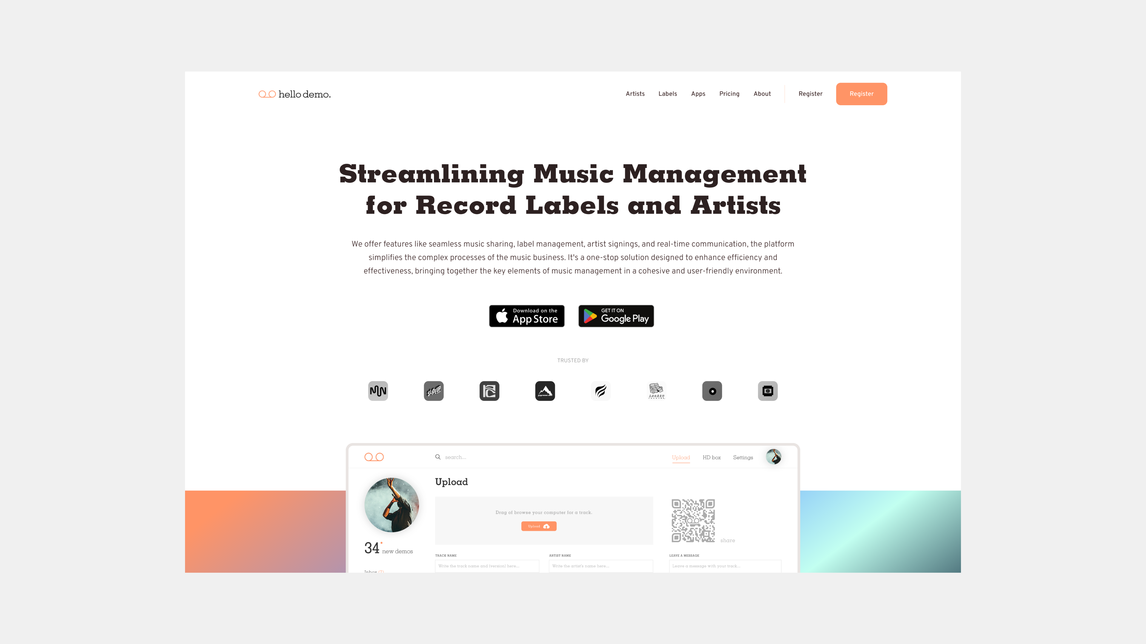 HelloDemo Landing Page clean hero homepage landing page mobile app music recording simple song track ui ux web web app
