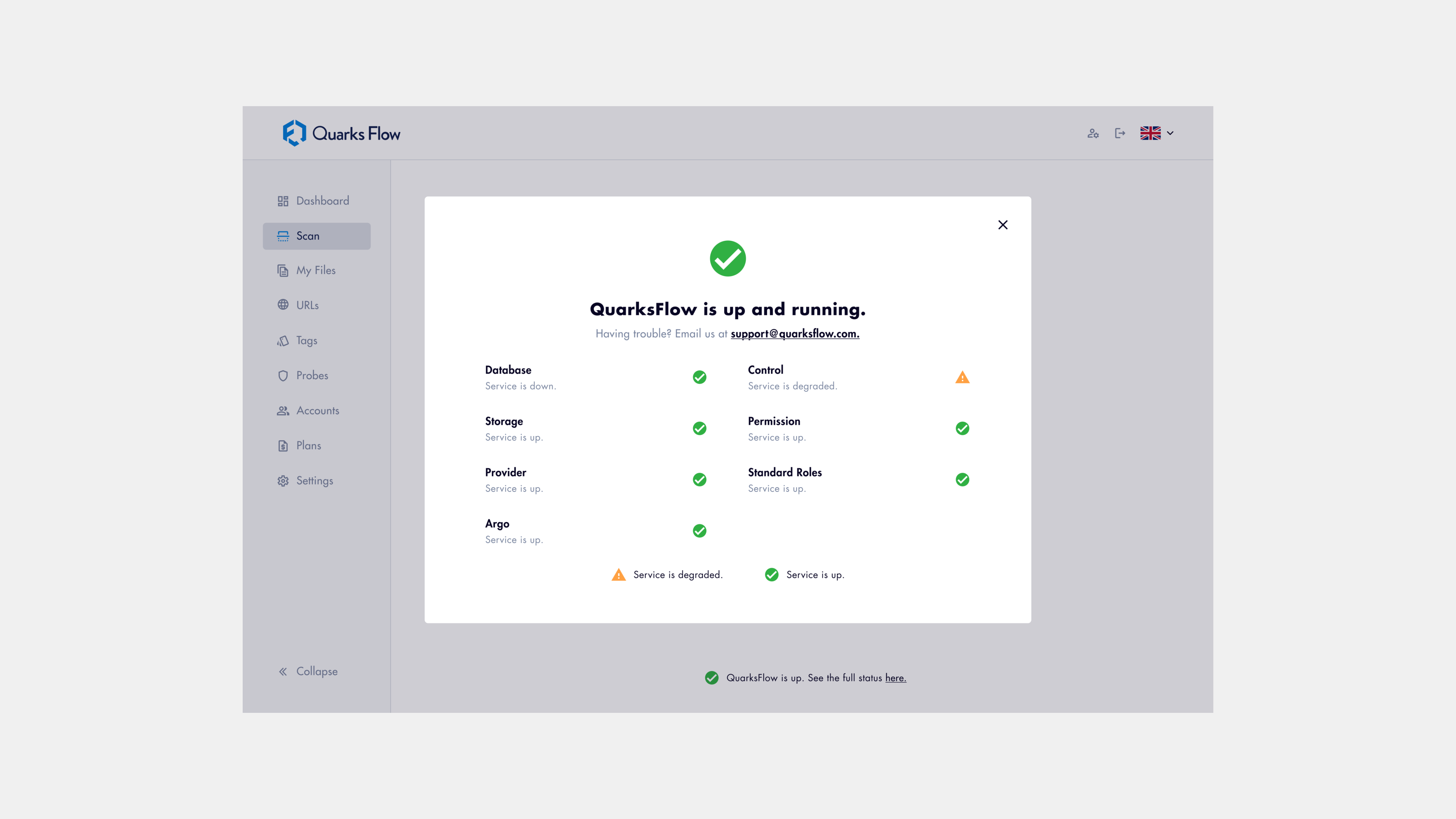 Platform Status [QF] app down green minimalist modal orange platform service status troubleshoot ui ux web working