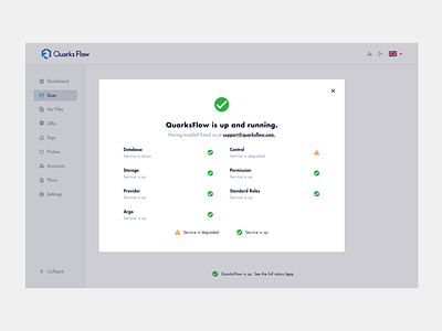 Platform Status [QF] app down green minimalist modal orange platform service status troubleshoot ui ux web working