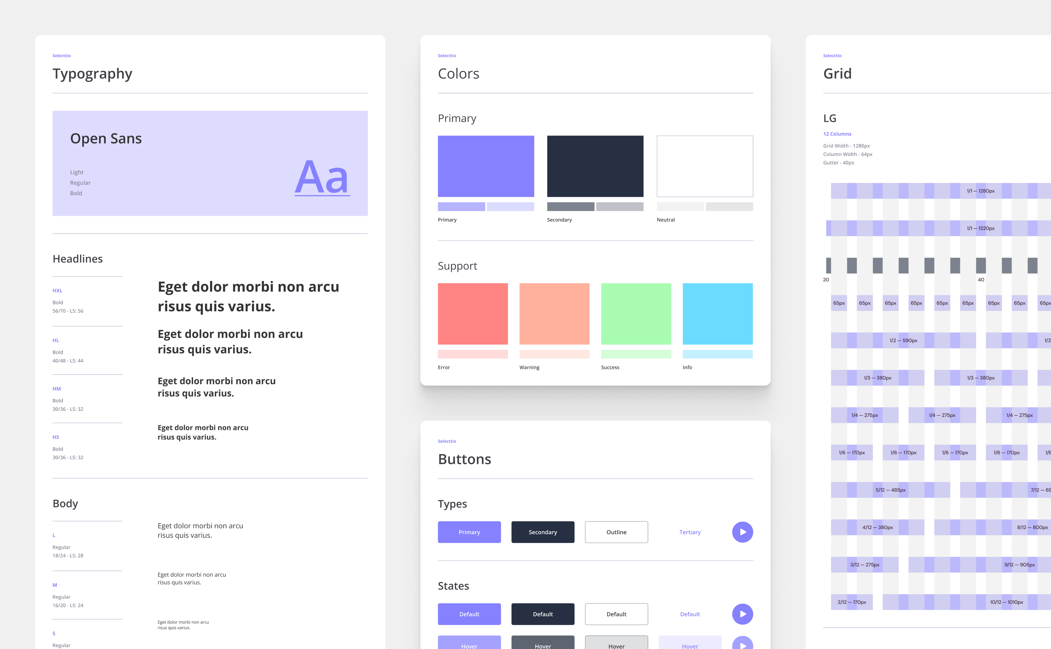 Selecttio Design Guide buttons color palette ecommerce elements grid guide icons style typography ui web