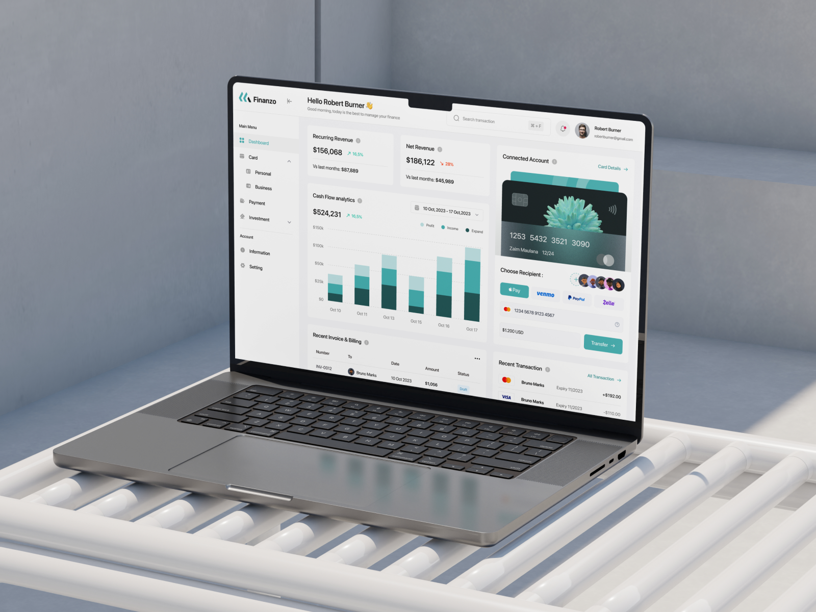 Finanzo - Finance Bank Dashboard apple pay bank card cash flow dashboard debit card digital banking e wallet finance finance dashboard finance monitoring financial management financial tracking investment invoice money transaction payment paypal profit revenue wise