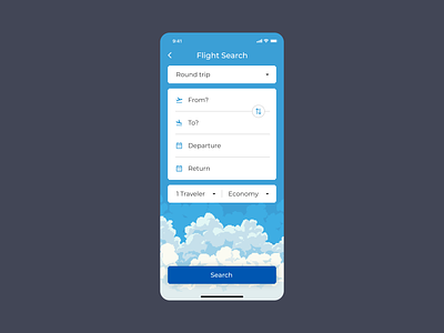 Daily UI #068 - Flight Search airline app blue branding clean daily ui design flight fly graphic design illustration minimal plane search ticket ui usable user experience ux website