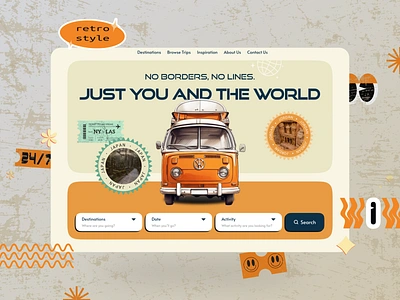 Adventure awaits - UI concept design for adventure travels 3d adventure landing page illustration orange ui design retro conceprt retro design retro font retro illustration retro landing page retro style retro ui concept retro ui design travel agency landing page ui ui concept ui design uiux ux vintage landing page vintage ui design