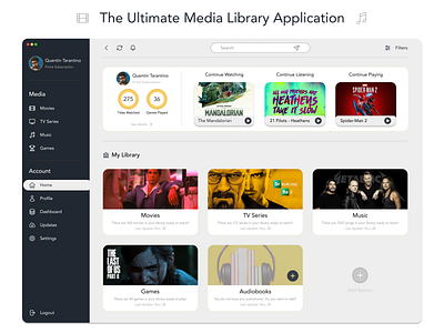 The Ultimate Media Library Application app application branding challenge concept dashboard design figma games graphic design media movies ui ux watching web design webapp
