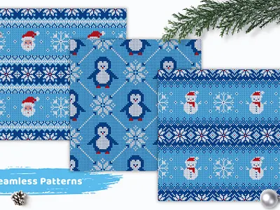 Knitted seamless patterns christmas holiday knit knitted knitting new year pattern penguin santa seamless set snowflakes snowman sweater vector winter xmas