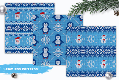 Knitted seamless patterns christmas holiday knit knitted knitting new year pattern penguin santa seamless set snowflakes snowman sweater vector winter xmas