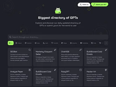 AllGPTs.com Brand and Web Design ai bot branding cards categories dark directory gpt icons list logo mascot search ui ux web design