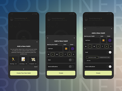 Seamless Habit Creation Flow 🌱✨ app bottomsheet dark darkmode design habit habittracker popup track ui ux