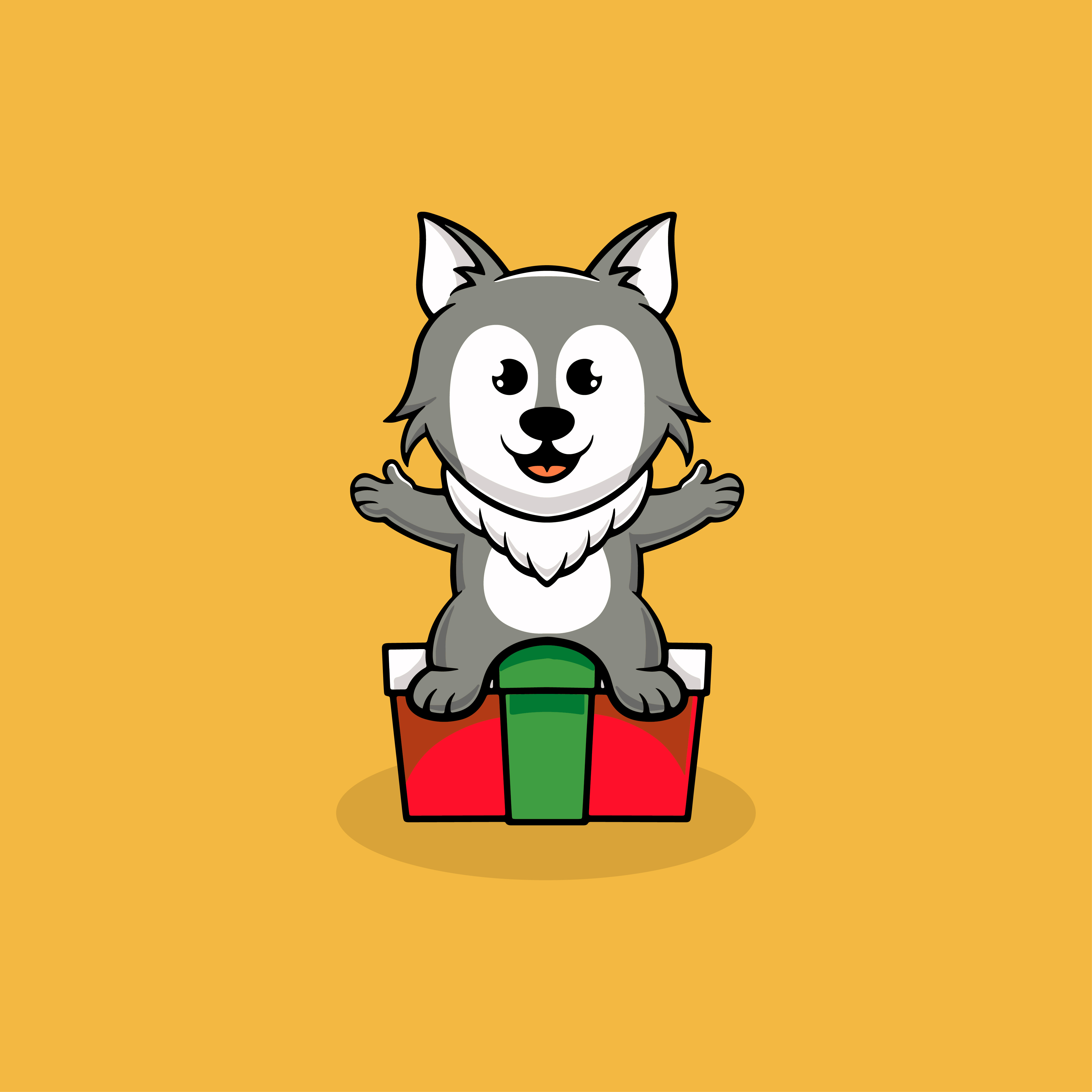 Cute wolf with christmas gift cartoon illustration jingle