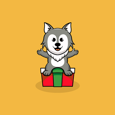 Cute wolf with christmas gift cartoon illustration jingle